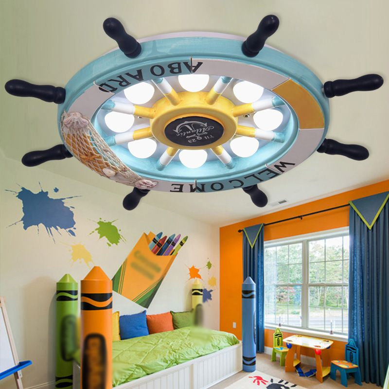 8-Head Boys Bedroom Flush Light Kid Blue/White/Yellow LED Ceiling Mounted Lamp with Rudder Wood Shade, White/3 Color Light Yellow Clearhalo 'Ceiling Lights' 'Close To Ceiling Lights' 'Close to ceiling' 'Flush mount' Lighting' 1903817