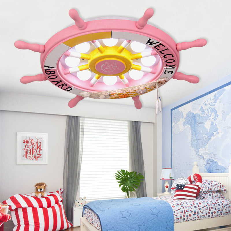 8-Head Boys Bedroom Flush Light Kid Blue/White/Yellow LED Ceiling Mounted Lamp with Rudder Wood Shade, White/3 Color Light Pink Clearhalo 'Ceiling Lights' 'Close To Ceiling Lights' 'Close to ceiling' 'Flush mount' Lighting' 1903818