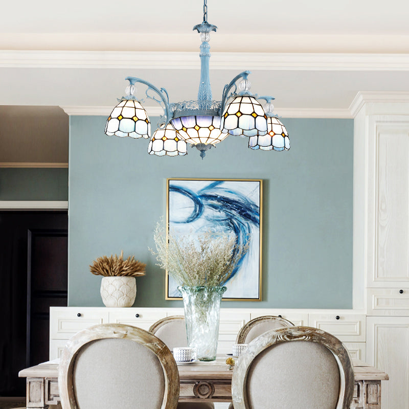 Stained Glass Bell Chandelier Mediterranean 4/6/8 Lights Blue Hanging Lamp for Dining Room 4 Blue Clearhalo 'Ceiling Lights' 'Chandeliers' 'Close To Ceiling Lights' 'Glass shade' 'Glass' Lighting' 1903850
