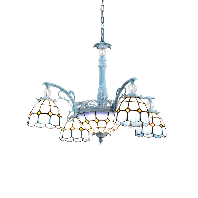 Stained Glass Bell Chandelier Mediterranean 4/6/8 Lights Blue Hanging Lamp for Dining Room Clearhalo 'Ceiling Lights' 'Chandeliers' 'Close To Ceiling Lights' 'Glass shade' 'Glass' Lighting' 1903851