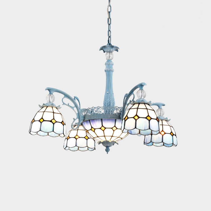 Stained Glass Bell Chandelier Mediterranean 4/6/8 Lights Blue Hanging Lamp for Dining Room Clearhalo 'Ceiling Lights' 'Chandeliers' 'Close To Ceiling Lights' 'Glass shade' 'Glass' Lighting' 1903852
