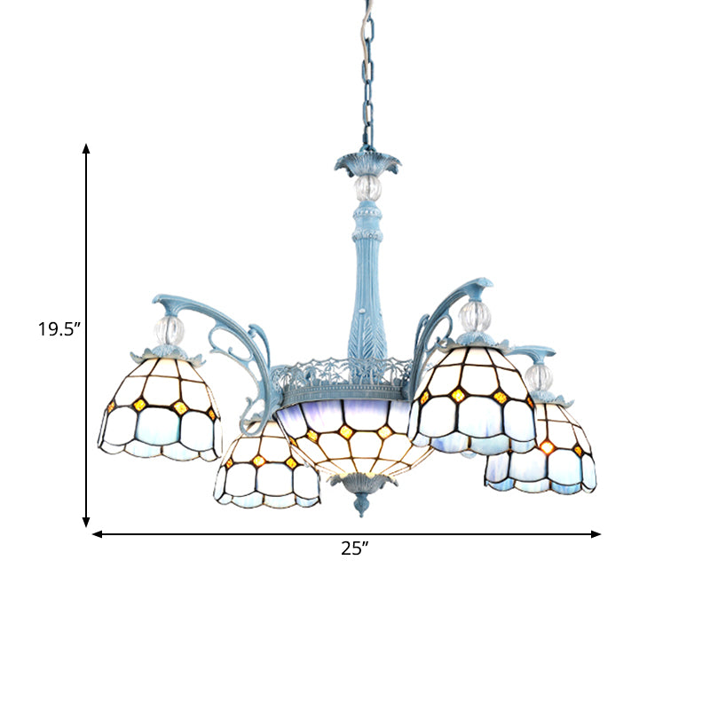 Stained Glass Bell Chandelier Mediterranean 4/6/8 Lights Blue Hanging Lamp for Dining Room Clearhalo 'Ceiling Lights' 'Chandeliers' 'Close To Ceiling Lights' 'Glass shade' 'Glass' Lighting' 1903853