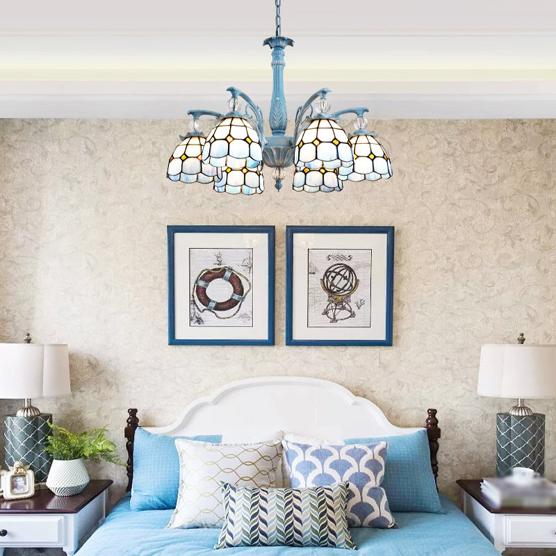 Stained Glass Bell Chandelier Mediterranean 4/6/8 Lights Blue Hanging Lamp for Dining Room 6 Blue Clearhalo 'Ceiling Lights' 'Chandeliers' 'Close To Ceiling Lights' 'Glass shade' 'Glass' Lighting' 1903854