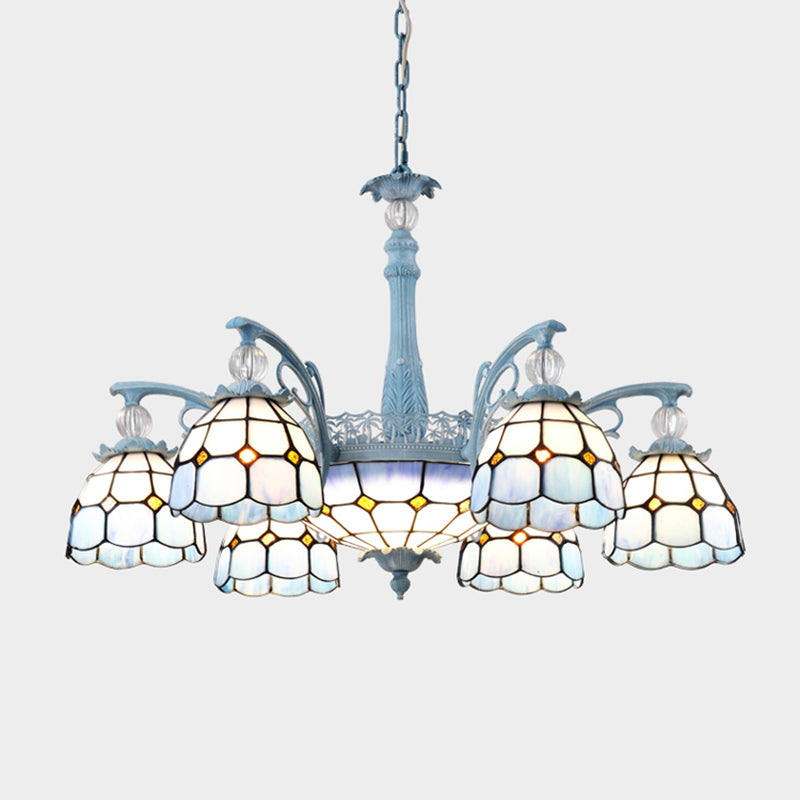 Stained Glass Bell Chandelier Mediterranean 4/6/8 Lights Blue Hanging Lamp for Dining Room Clearhalo 'Ceiling Lights' 'Chandeliers' 'Close To Ceiling Lights' 'Glass shade' 'Glass' Lighting' 1903855