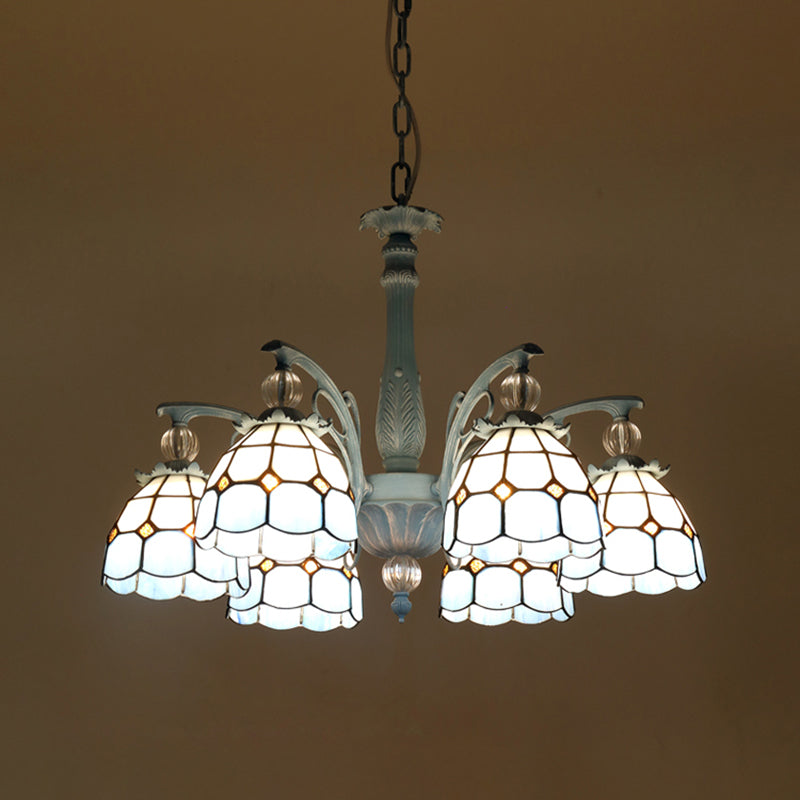 Stained Glass Bell Chandelier Mediterranean 4/6/8 Lights Blue Hanging Lamp for Dining Room Clearhalo 'Ceiling Lights' 'Chandeliers' 'Close To Ceiling Lights' 'Glass shade' 'Glass' Lighting' 1903856