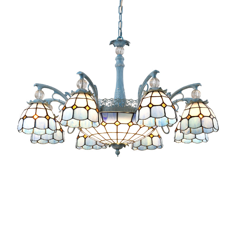 Stained Glass Bell Chandelier Mediterranean 4/6/8 Lights Blue Hanging Lamp for Dining Room Clearhalo 'Ceiling Lights' 'Chandeliers' 'Close To Ceiling Lights' 'Glass shade' 'Glass' Lighting' 1903859