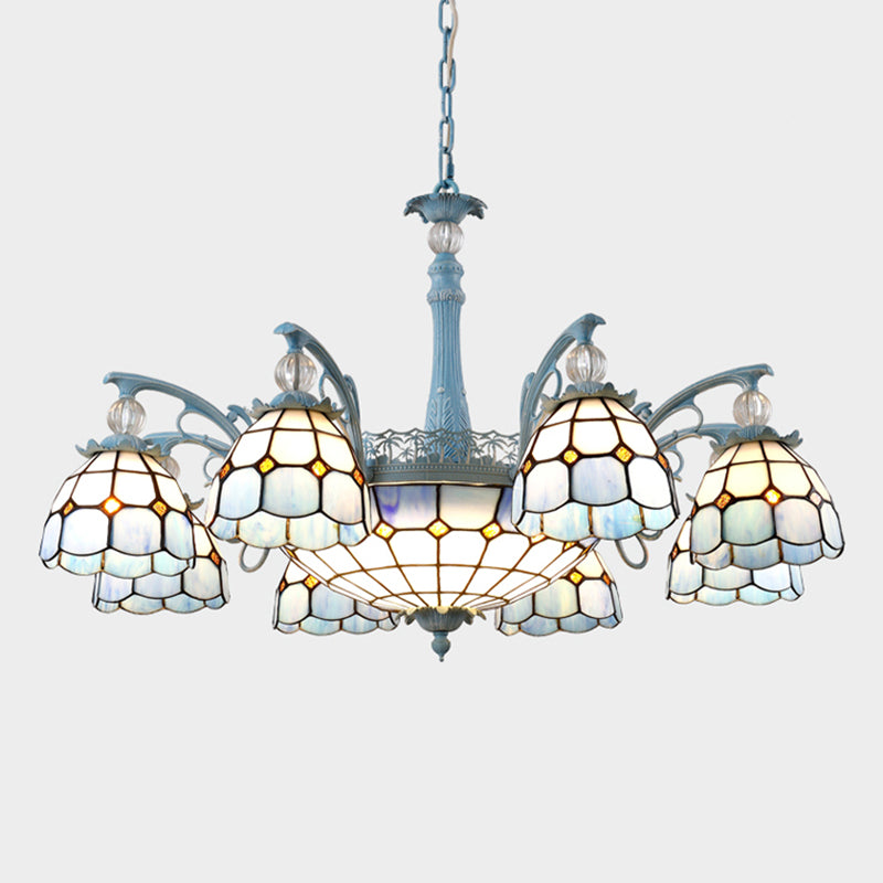 Stained Glass Bell Chandelier Mediterranean 4/6/8 Lights Blue Hanging Lamp for Dining Room Clearhalo 'Ceiling Lights' 'Chandeliers' 'Close To Ceiling Lights' 'Glass shade' 'Glass' Lighting' 1903860