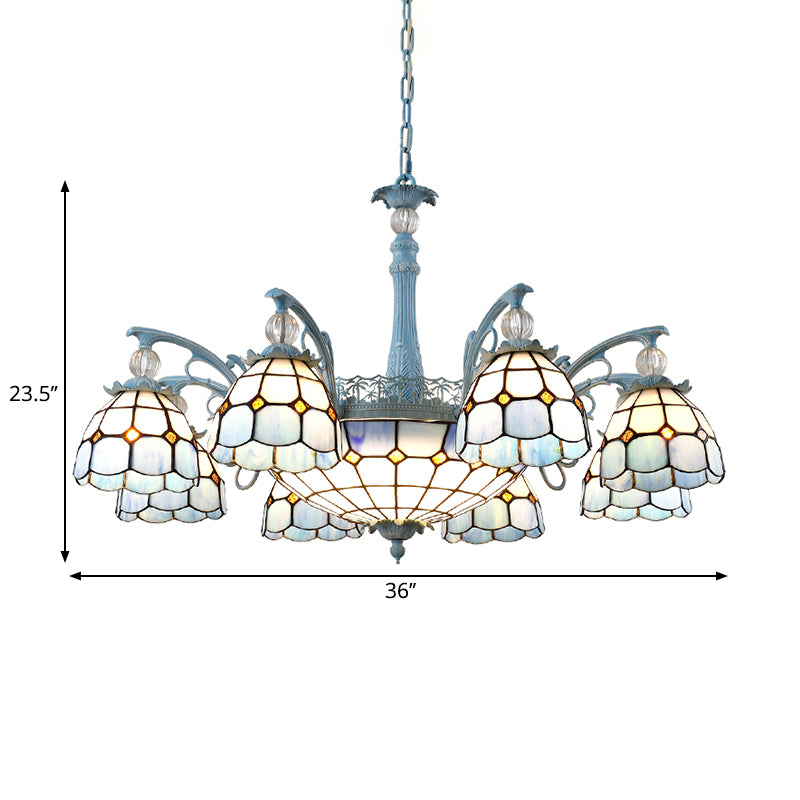 Stained Glass Bell Chandelier Mediterranean 4/6/8 Lights Blue Hanging Lamp for Dining Room Clearhalo 'Ceiling Lights' 'Chandeliers' 'Close To Ceiling Lights' 'Glass shade' 'Glass' Lighting' 1903861