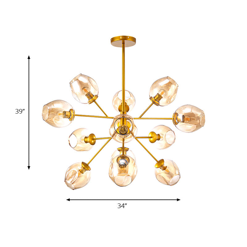 7/9/13 Lights Branch Chandelier Post Modern Amber Glass Shade Hanging Lamp in Gold Clearhalo 'Ceiling Lights' 'Chandeliers' 'Modern Chandeliers' 'Modern' Lighting' 190409