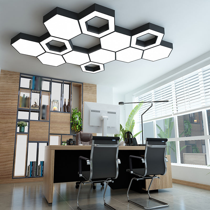 Honeycomb Acrylic Ceiling Lamp Modern 18"/23.5"/47" W LED Black Flush Mounted Light for Office Clearhalo 'Ceiling Lights' 'Close To Ceiling Lights' 'Close to ceiling' 'Flush mount' Lighting' 1904336