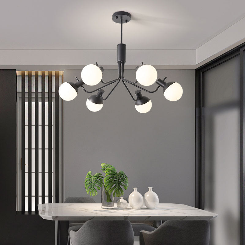 Contemporary Black Hanging Chandelier with Orb Shade 6 Lights Wrought Iron Ceiling Pendant Black Clearhalo 'Ceiling Lights' 'Chandeliers' 'Modern Chandeliers' 'Modern' Lighting' 190449