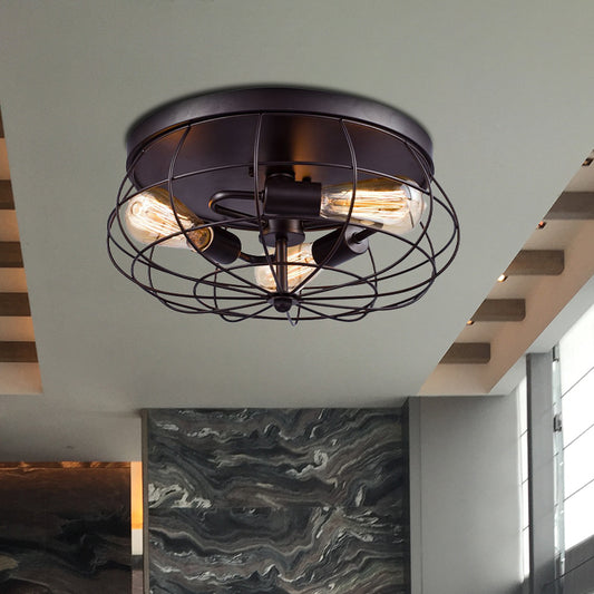 3-Light Caged Flush Mount Ceiling Light Industrial Black Metal Lighting Fixture for Corridor Black Clearhalo 'Ceiling Lights' 'Close To Ceiling Lights' 'Close to ceiling' 'Flush mount' 'Industrial Flush Mount' Lighting' 190490