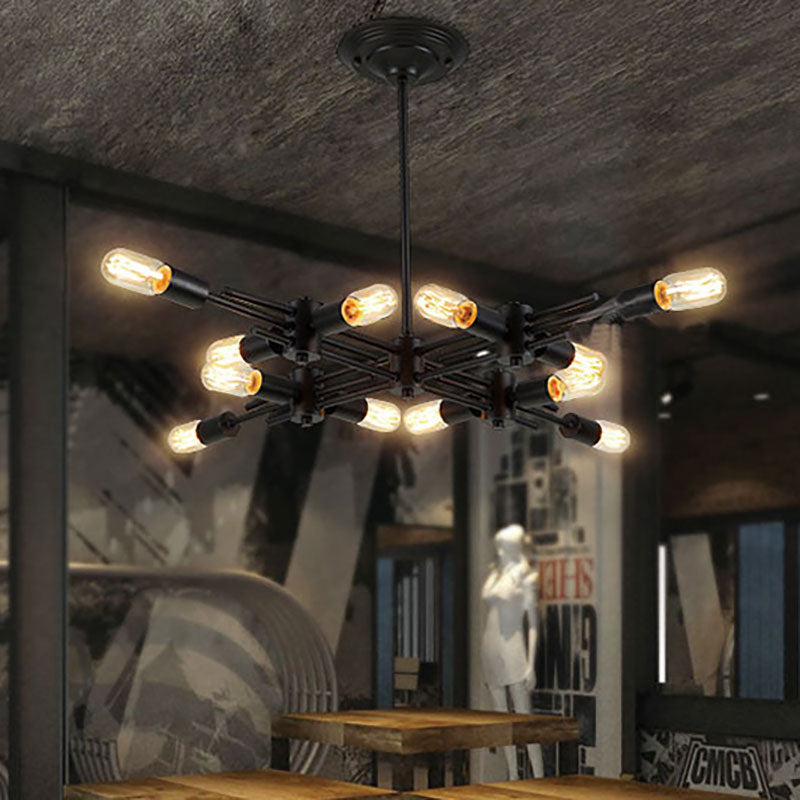 Exposed Bulb Restaurant Hanging Pendant Lamp Metallic 9/12 Heads Contemporary Ceiling Lamp in Black 12 Black Clearhalo 'Ceiling Lights' 'Chandeliers' 'Modern Chandeliers' 'Modern' Lighting' 190518