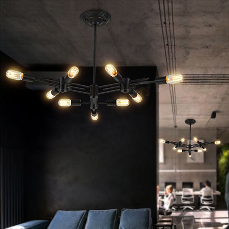 Exposed Bulb Restaurant Hanging Pendant Lamp Metallic 9/12 Heads Contemporary Ceiling Lamp in Black 9 Black Clearhalo 'Ceiling Lights' 'Chandeliers' 'Modern Chandeliers' 'Modern' Lighting' 190522