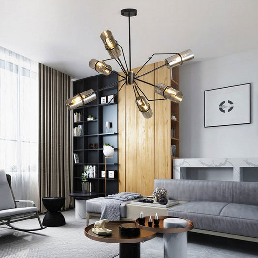 Mirror Glass Cylinder Chandelier 6-Light Modern Hanging Pendant Light in Smoky Gray Black Clearhalo 'Ceiling Lights' 'Chandeliers' 'Glass shade' 'Glass' 'Modern Chandeliers' 'Modern' Lighting' 190582