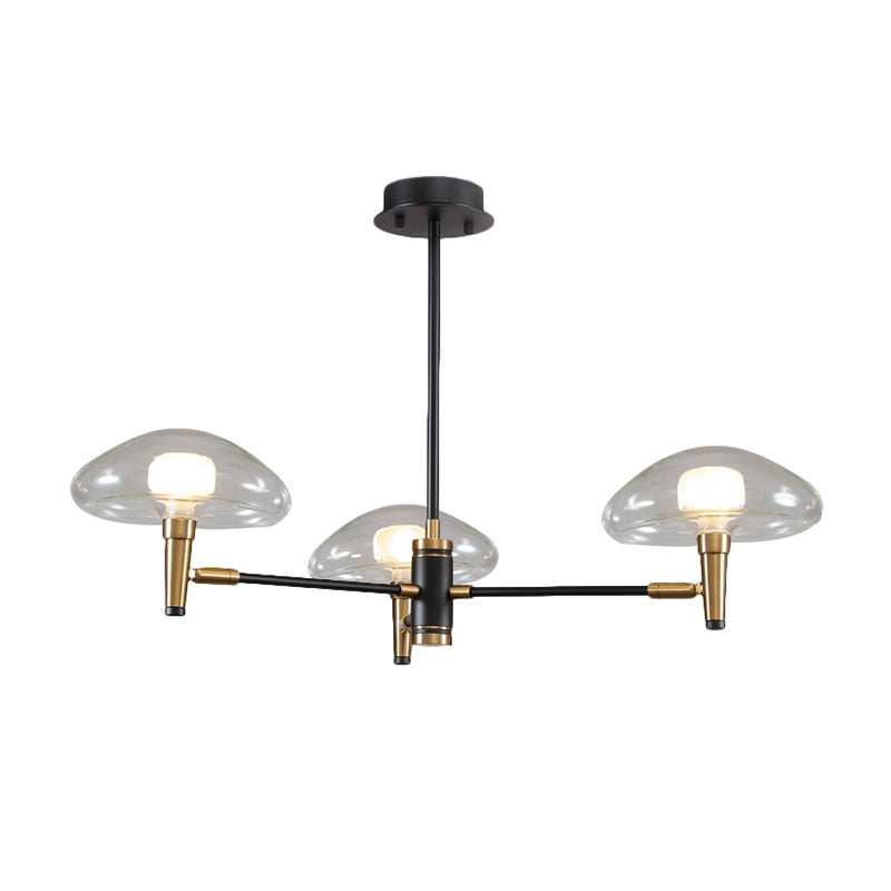 Contemporary Black Chandelier Mushroom Shade 3 Bulbs Transparent Glass Pendant Light for Bedroom Clearhalo 'Ceiling Lights' 'Chandeliers' 'Glass shade' 'Glass' 'Modern Chandeliers' 'Modern' Lighting' 190635