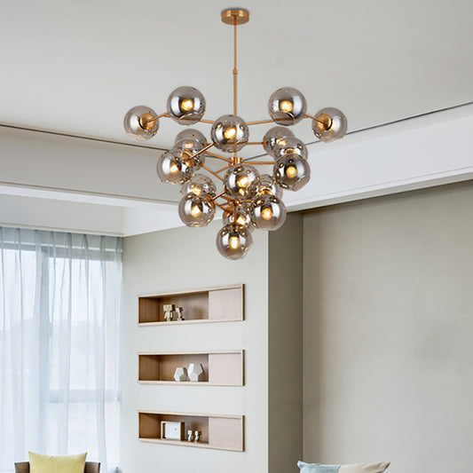 Contemporary Grape Shape Chandelier 19 Heads Smoke Glass Pendant Light in Brass for Hotel Smoke Gray Clearhalo 'Ceiling Lights' 'Chandeliers' 'Modern Chandeliers' 'Modern' Lighting' 190659