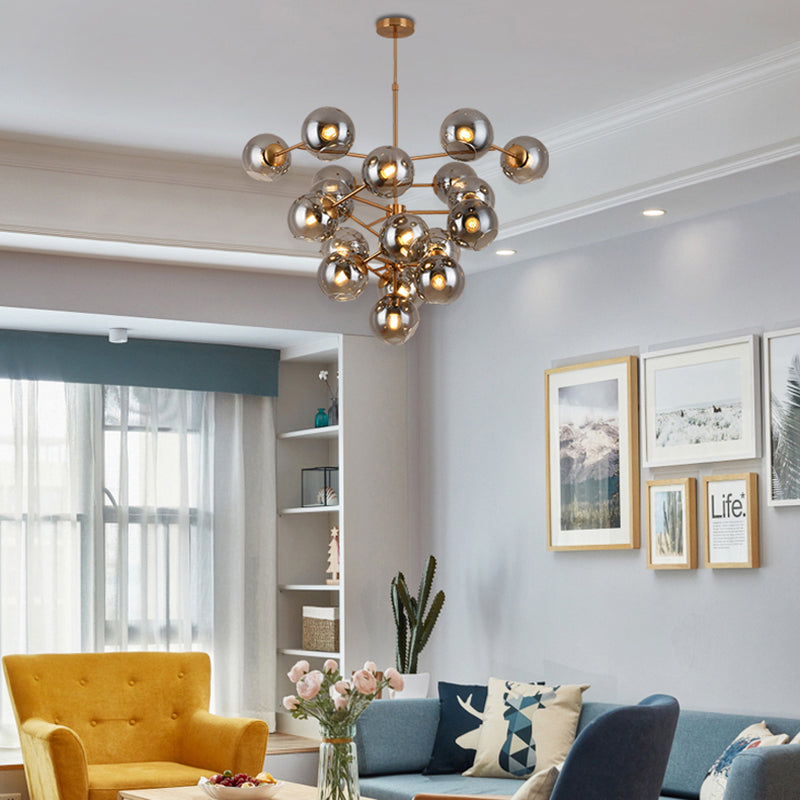 Contemporary Grape Shape Chandelier 19 Heads Smoke Glass Pendant Light in Brass for Hotel Clearhalo 'Ceiling Lights' 'Chandeliers' 'Modern Chandeliers' 'Modern' Lighting' 190660