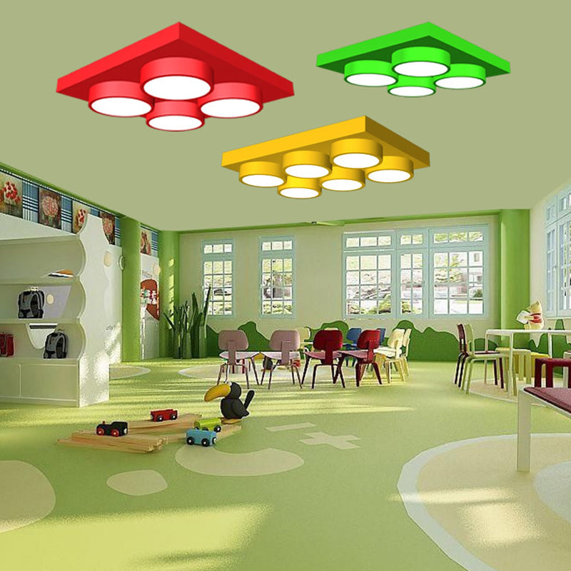 Kids Building Block Flush Mount Fixture Metal 16"/19.5"/23.5" W LED Nursery Ceiling Lamp in Red/Green, White Light Red Clearhalo 'Ceiling Lights' 'Close To Ceiling Lights' 'Close to ceiling' 'Flush mount' Lighting' 1906863