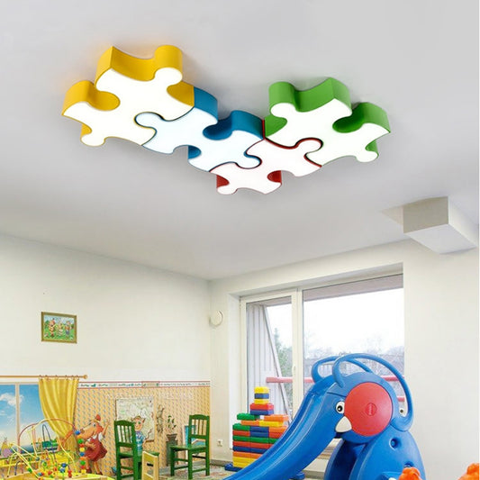 Jigsaw Puzzles Ceiling Flush Light Kids Style Acrylic Red/Yellow LED Flushmount in White/3 Color Light Clearhalo 'Ceiling Lights' 'Close To Ceiling Lights' 'Close to ceiling' 'Flush mount' Lighting' 1906873