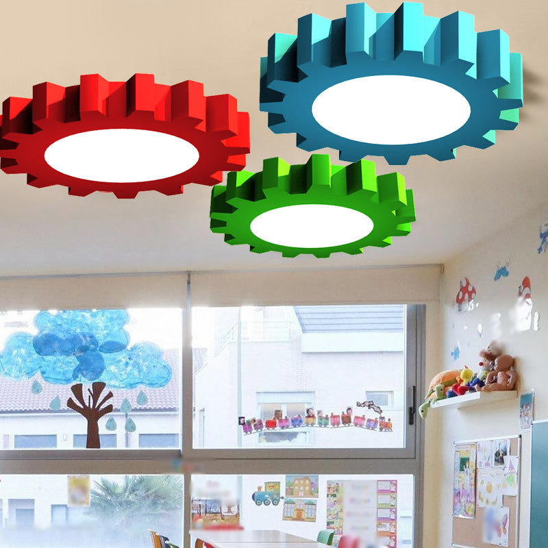 Gear Boys Room Flushmount Metallic 16"/19.5" Wide LED Kids Close to Ceiling Light in Red/Blue/Green Clearhalo 'Ceiling Lights' 'Close To Ceiling Lights' 'Close to ceiling' 'Flush mount' Lighting' 1906923