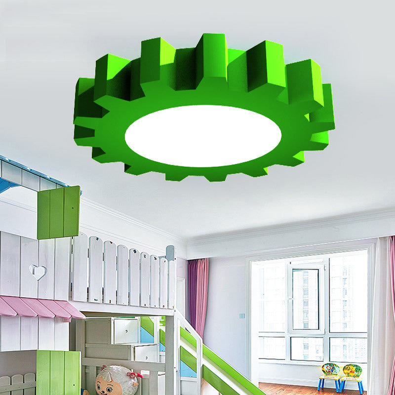 Gear Boys Room Flushmount Metallic 16"/19.5" Wide LED Kids Close to Ceiling Light in Red/Blue/Green Green Clearhalo 'Ceiling Lights' 'Close To Ceiling Lights' 'Close to ceiling' 'Flush mount' Lighting' 1906927