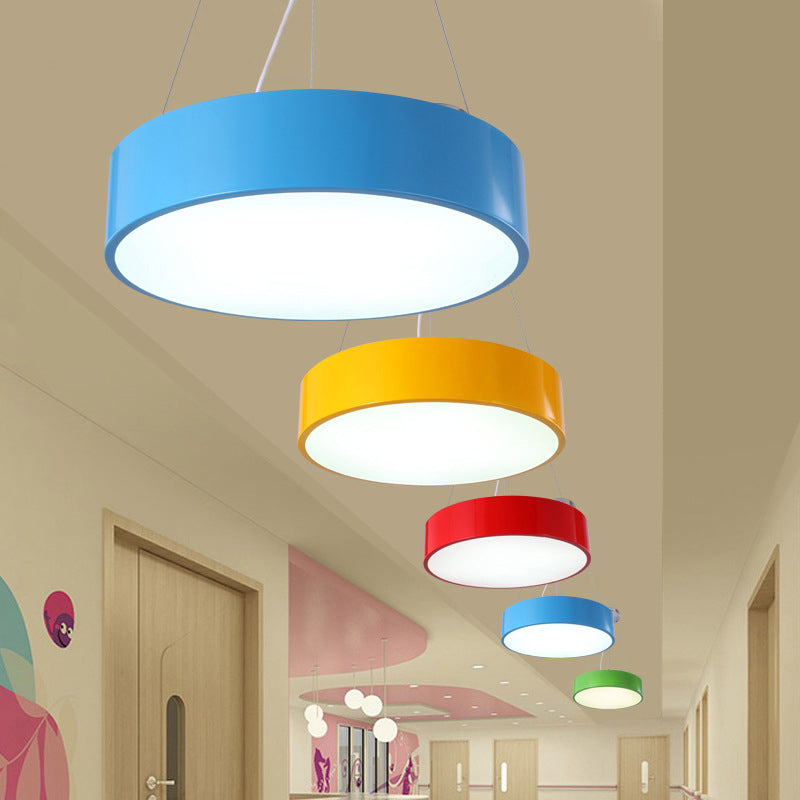 Macaron Drum Shaped Pendant Light Metal Nursery School LED Hanging Light Fixture in Red/Yellow/Green, 16"/19.5" Dia Blue Clearhalo 'Ceiling Lights' 'Chandeliers' Lighting' options 1906965_7c4bb290-734d-4e47-b56d-63f5c58344af