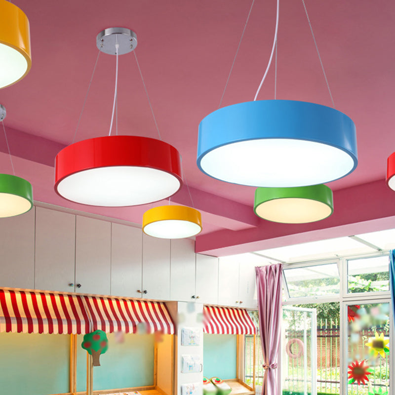 Macaron Drum Shaped Pendant Light Metal Nursery School LED Hanging Light Fixture in Red/Yellow/Green, 16"/19.5" Dia Clearhalo 'Ceiling Lights' 'Chandeliers' Lighting' options 1906966