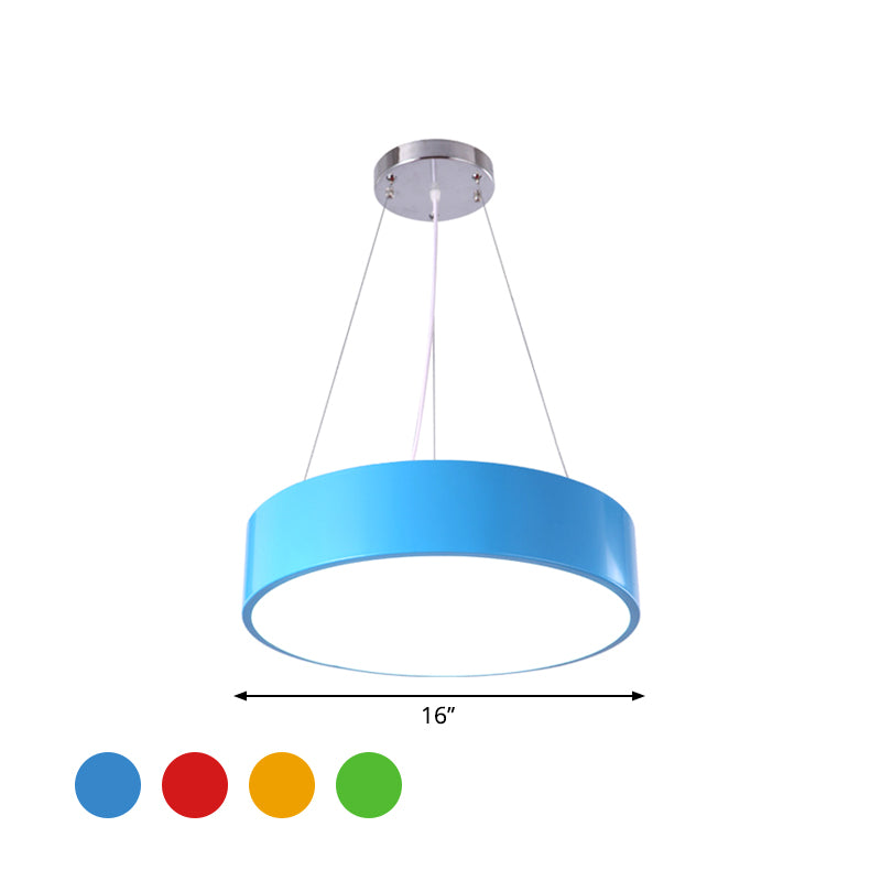 Macaron Drum Shaped Pendant Light Metal Nursery School LED Hanging Light Fixture in Red/Yellow/Green, 16"/19.5" Dia Clearhalo 'Ceiling Lights' 'Chandeliers' Lighting' options 1906970