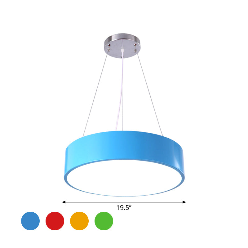 Macaron Drum Shaped Pendant Light Metal Nursery School LED Hanging Light Fixture in Red/Yellow/Green, 16"/19.5" Dia Clearhalo 'Ceiling Lights' 'Chandeliers' Lighting' options 1906971