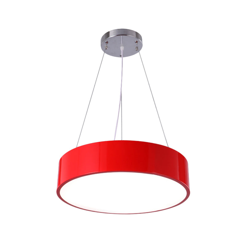 Macaron Drum Shaped Pendant Light Metal Nursery School LED Hanging Light Fixture in Red/Yellow/Green, 16"/19.5" Dia Red Clearhalo 'Ceiling Lights' 'Chandeliers' Lighting' options 1906972_2ed025a6-e156-4185-aa29-398023d23839