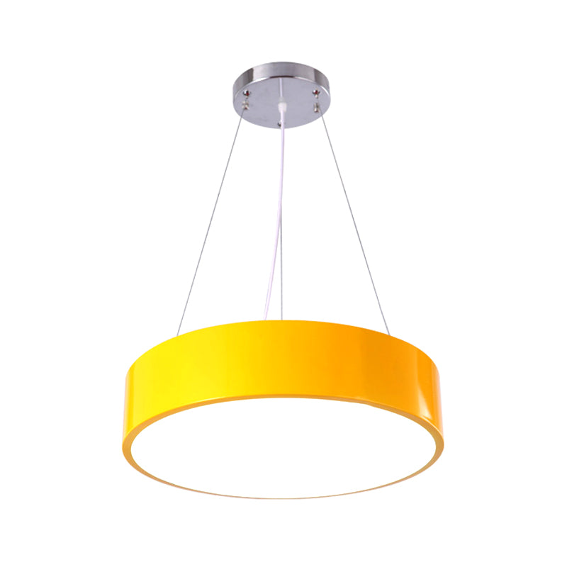 Macaron Drum Shaped Pendant Light Metal Nursery School LED Hanging Light Fixture in Red/Yellow/Green, 16"/19.5" Dia Yellow Clearhalo 'Ceiling Lights' 'Chandeliers' Lighting' options 1906974_c5cd79e1-1ee8-490d-ba89-f07a44433bd0