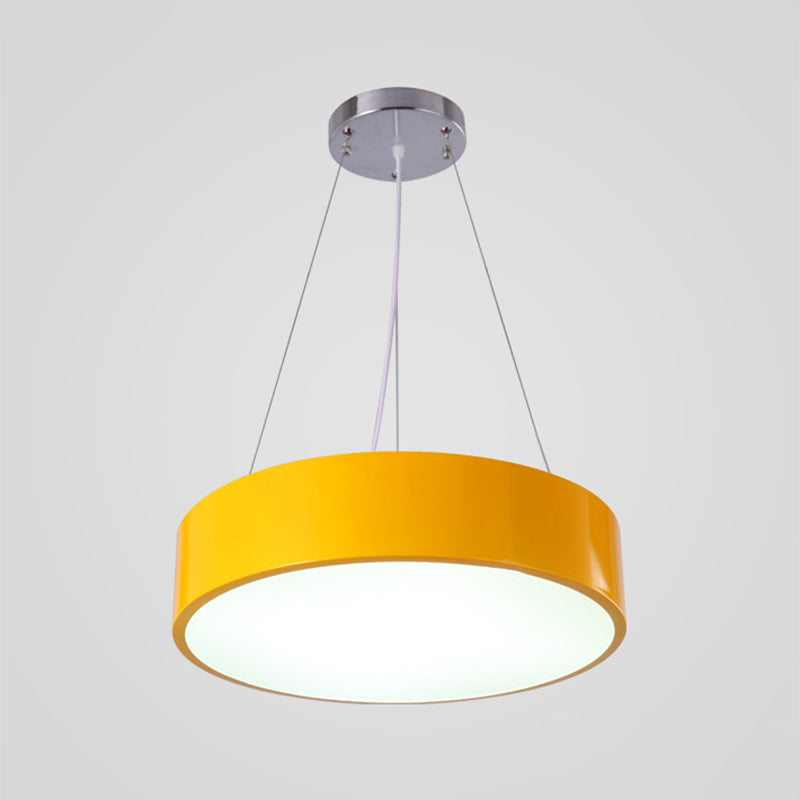 Macaron Drum Shaped Pendant Light Metal Nursery School LED Hanging Light Fixture in Red/Yellow/Green, 16"/19.5" Dia Clearhalo 'Ceiling Lights' 'Chandeliers' Lighting' options 1906975