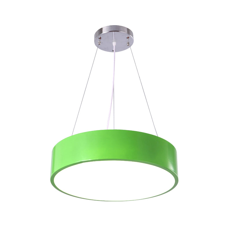 Macaron Drum Shaped Pendant Light Metal Nursery School LED Hanging Light Fixture in Red/Yellow/Green, 16"/19.5" Dia Green Clearhalo 'Ceiling Lights' 'Chandeliers' Lighting' options 1906976_99f76937-894f-473a-8895-ed81324308d8