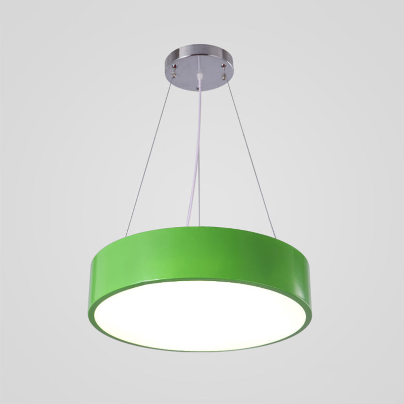 Macaron Drum Shaped Pendant Light Metal Nursery School LED Hanging Light Fixture in Red/Yellow/Green, 16"/19.5" Dia Clearhalo 'Ceiling Lights' 'Chandeliers' Lighting' options 1906977