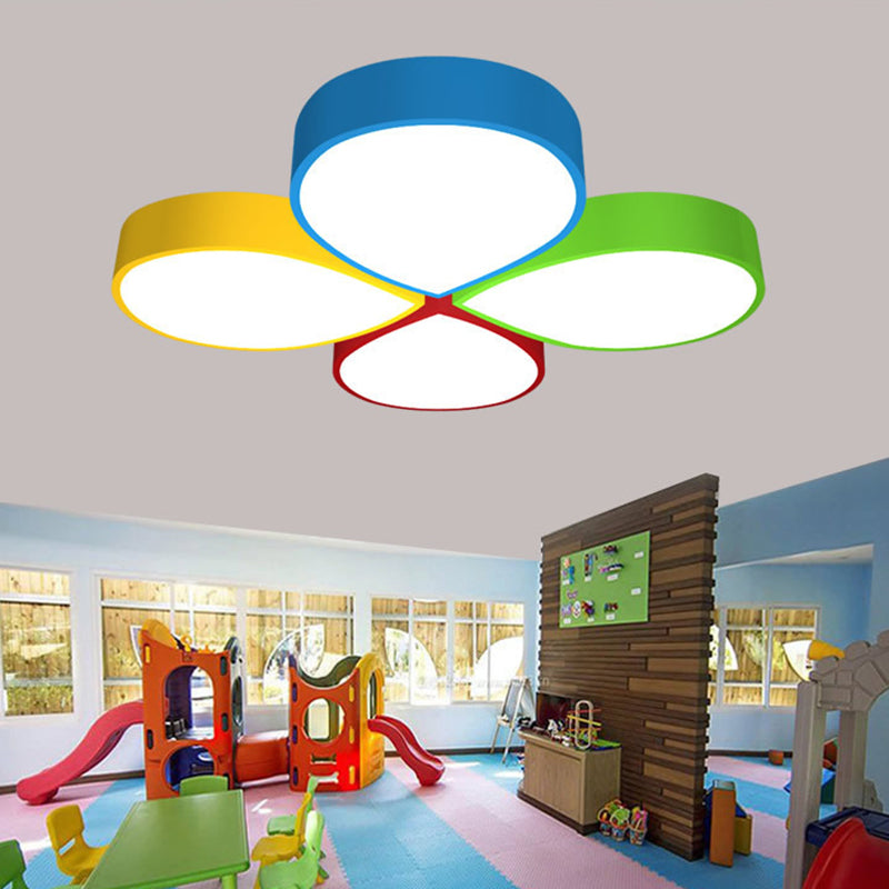 23.5"/35.5" W Macaron 4-Petal Flower Ceiling Flush Metallic Kindergarten LED Flush Mount Lamp in Red-Yellow-Blue-Green, White/3 Color Light Red-Yellow-Blue-Green Clearhalo 'Ceiling Lights' 'Close To Ceiling Lights' 'Close to ceiling' 'Flush mount' Lighting' 1906978