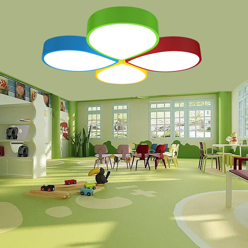 23.5"/35.5" W Macaron 4-Petal Flower Ceiling Flush Metallic Kindergarten LED Flush Mount Lamp in Red-Yellow-Blue-Green, White/3 Color Light Clearhalo 'Ceiling Lights' 'Close To Ceiling Lights' 'Close to ceiling' 'Flush mount' Lighting' 1906979