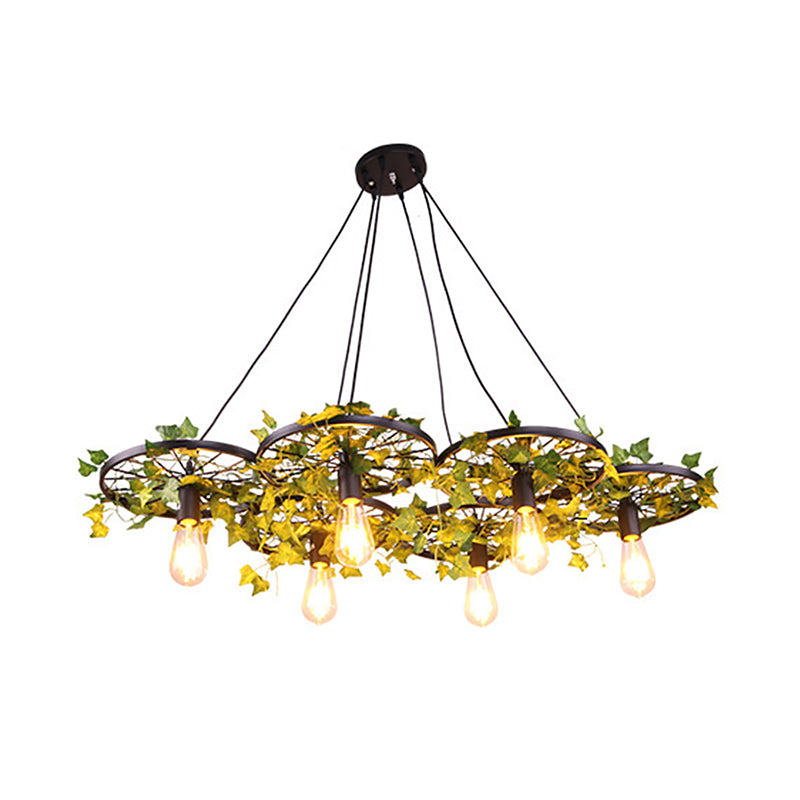 Black Wheel Hanging Chandelier Rustic Iron 1/3/6-Bulb Restaurant Plant Pendant Lighting Fixture Clearhalo 'Cast Iron' 'Ceiling Lights' 'Chandeliers' 'Industrial Chandeliers' 'Industrial' 'Metal' 'Middle Century Chandeliers' 'Rustic Chandeliers' 'Tiffany' Lighting' 1907007