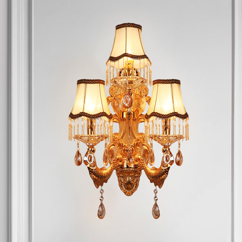 3-Head Candelabra Wall Sconce Traditional Gold Crystal Droplets Wall Lighting Fixture with Shade/Shadeless Gold With Shade Clearhalo 'Wall Lamps & Sconces' 'Wall Lights' Lighting' 1907191