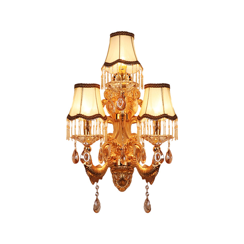 3-Head Candelabra Wall Sconce Traditional Gold Crystal Droplets Wall Lighting Fixture with Shade/Shadeless Clearhalo 'Wall Lamps & Sconces' 'Wall Lights' Lighting' 1907193