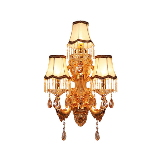 3-Head Candelabra Wall Sconce Traditional Gold Crystal Droplets Wall Lighting Fixture with Shade/Shadeless Clearhalo 'Wall Lamps & Sconces' 'Wall Lights' Lighting' 1907193