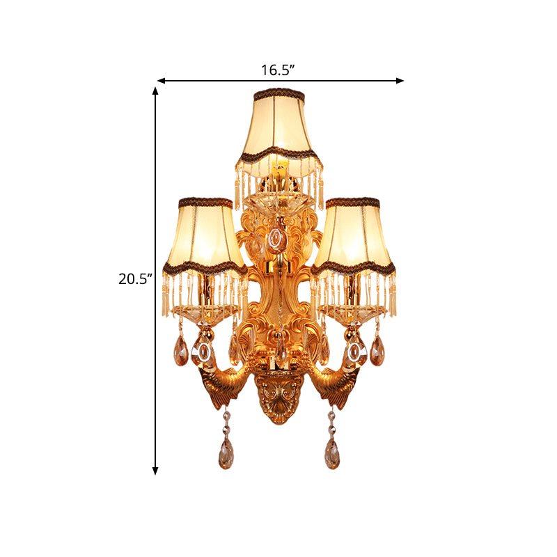 3-Head Candelabra Wall Sconce Traditional Gold Crystal Droplets Wall Lighting Fixture with Shade/Shadeless Clearhalo 'Wall Lamps & Sconces' 'Wall Lights' Lighting' 1907194