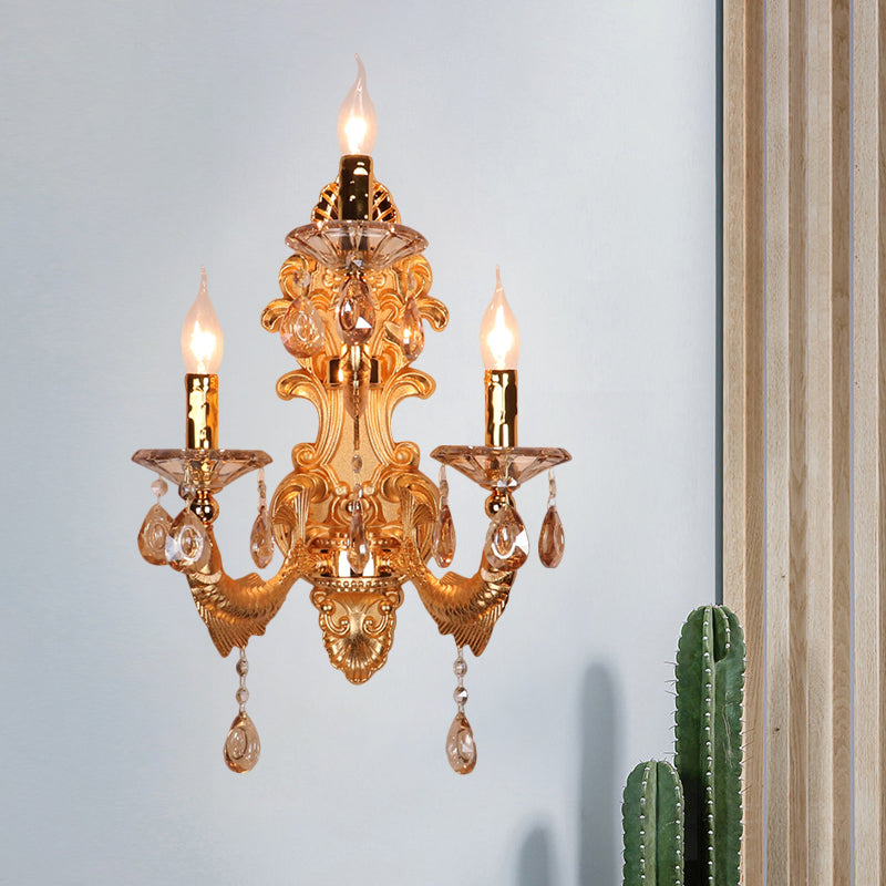 3-Head Candelabra Wall Sconce Traditional Gold Crystal Droplets Wall Lighting Fixture with Shade/Shadeless Gold Shadeless Clearhalo 'Wall Lamps & Sconces' 'Wall Lights' Lighting' 1907195