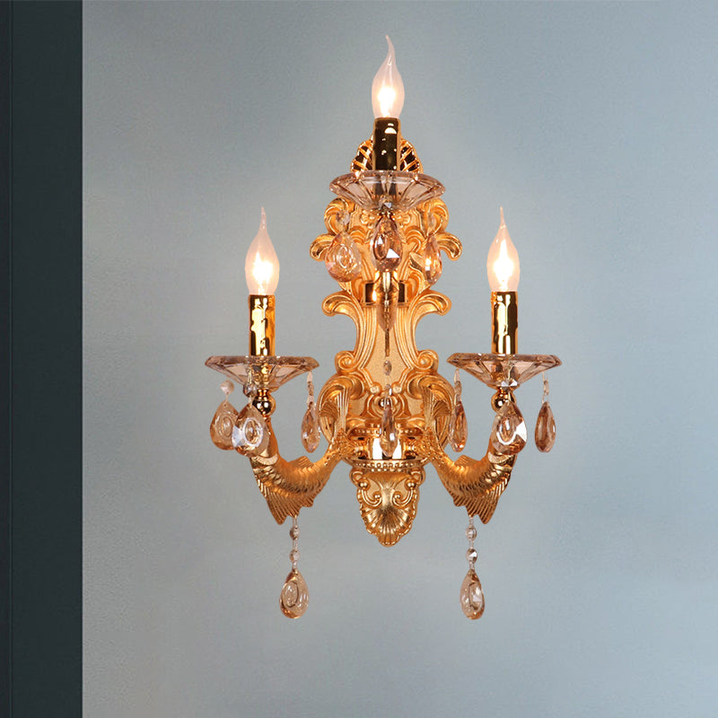 3-Head Candelabra Wall Sconce Traditional Gold Crystal Droplets Wall Lighting Fixture with Shade/Shadeless Clearhalo 'Wall Lamps & Sconces' 'Wall Lights' Lighting' 1907196