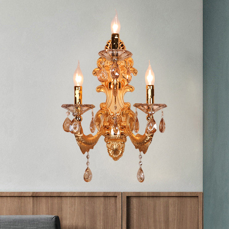 3-Head Candelabra Wall Sconce Traditional Gold Crystal Droplets Wall Lighting Fixture with Shade/Shadeless Clearhalo 'Wall Lamps & Sconces' 'Wall Lights' Lighting' 1907197