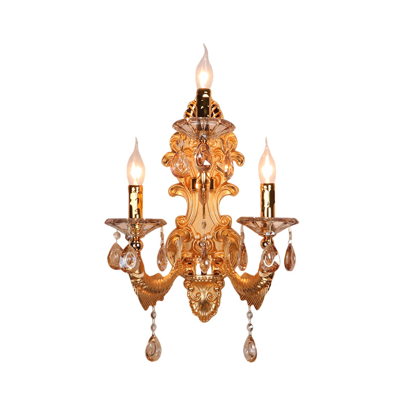 3-Head Candelabra Wall Sconce Traditional Gold Crystal Droplets Wall Lighting Fixture with Shade/Shadeless Clearhalo 'Wall Lamps & Sconces' 'Wall Lights' Lighting' 1907198