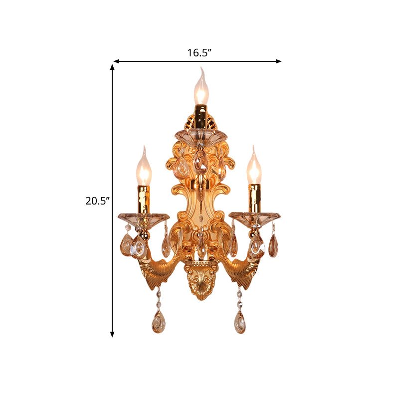 3-Head Candelabra Wall Sconce Traditional Gold Crystal Droplets Wall Lighting Fixture with Shade/Shadeless Clearhalo 'Wall Lamps & Sconces' 'Wall Lights' Lighting' 1907199