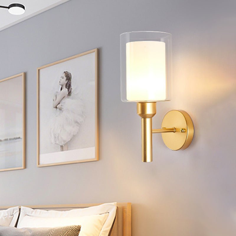 Retro Style Dual Cylinder Wall Light 1 Head Clear and White Glass Wall Sconce Lighting in Gold Clearhalo 'Wall Lamps & Sconces' 'Wall Lights' Lighting' 1907256