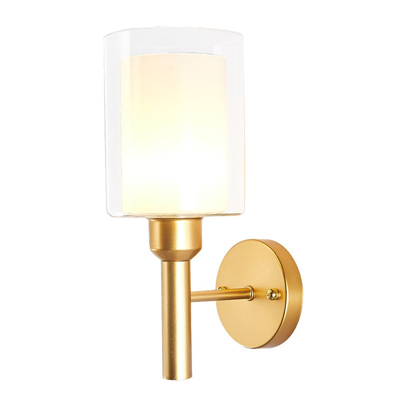 Retro Style Dual Cylinder Wall Light 1 Head Clear and White Glass Wall Sconce Lighting in Gold Clearhalo 'Wall Lamps & Sconces' 'Wall Lights' Lighting' 1907257