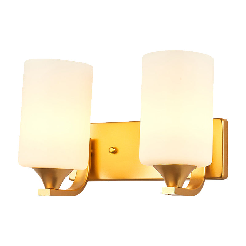 2-Bulb Wall Mount Lamp Traditional Cylindrical Milky Glass Wall Lighting Fixture in Gold Clearhalo 'Wall Lamps & Sconces' 'Wall Lights' Lighting' 1907262